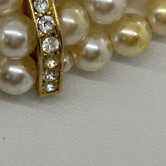 Vintage Faux Pearl & Rose Quartz Triple-Strand Necklace With Rhinestone Accents - Picture 14 of 16